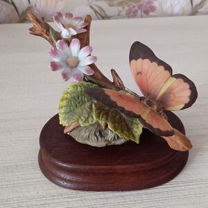 Porcelain Butterfly and Flowers Figurine on Wooden Base